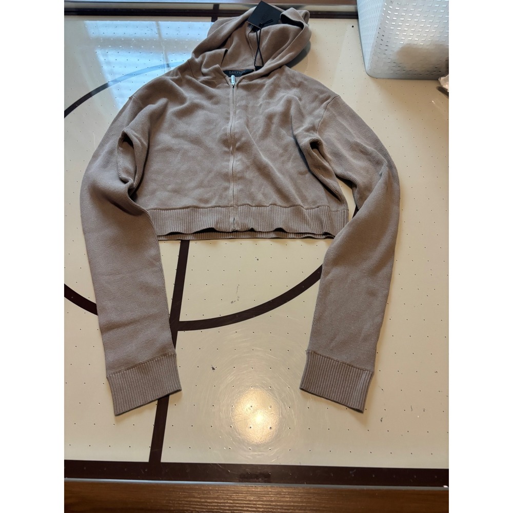 DAILYSZN Daily Knit Crop Hoodie Taupe Brown Full Zip DSW10085 Size Large NWT